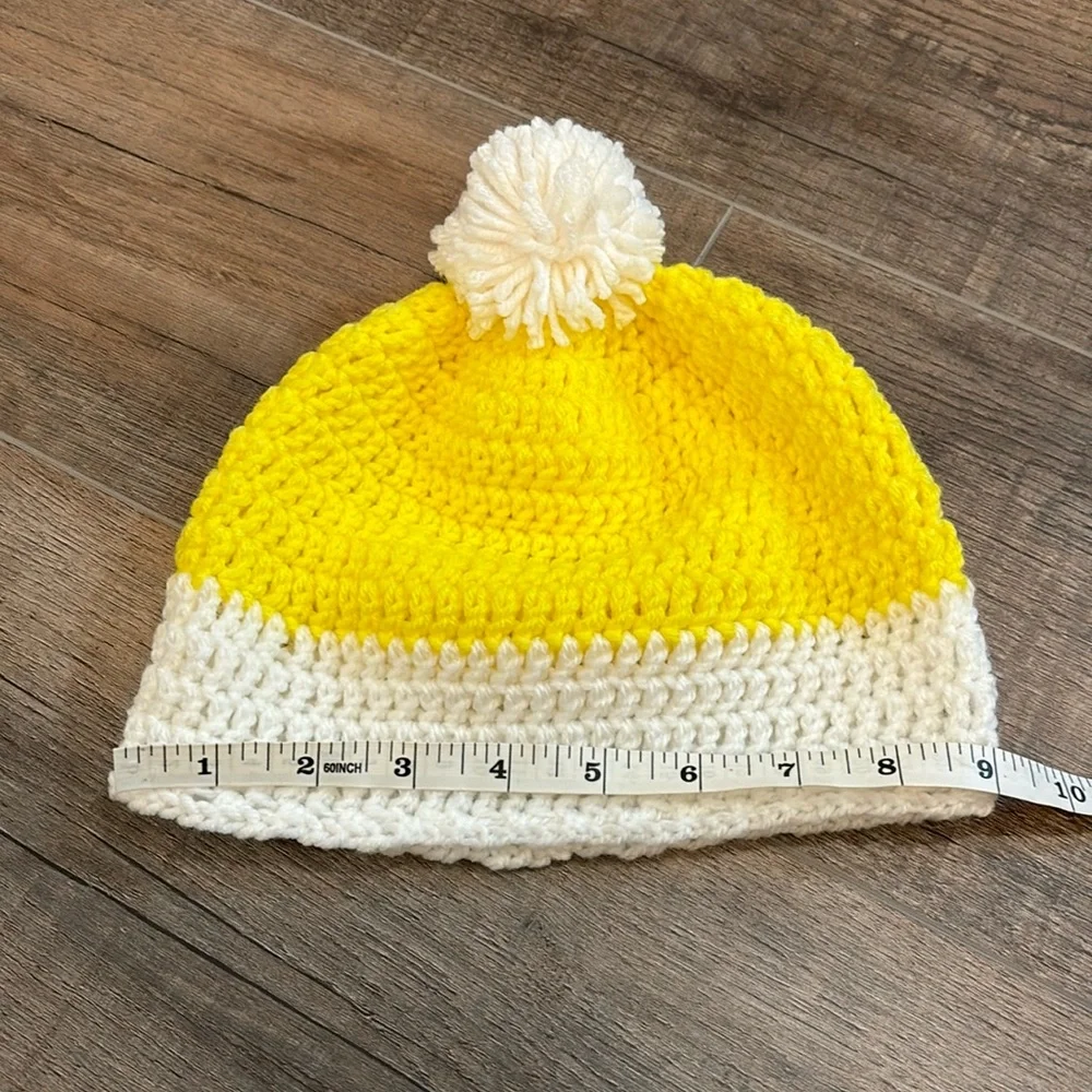 Handmade Child’s Crochet Beanie Hat with‎ Pom Pom in Yellow & White